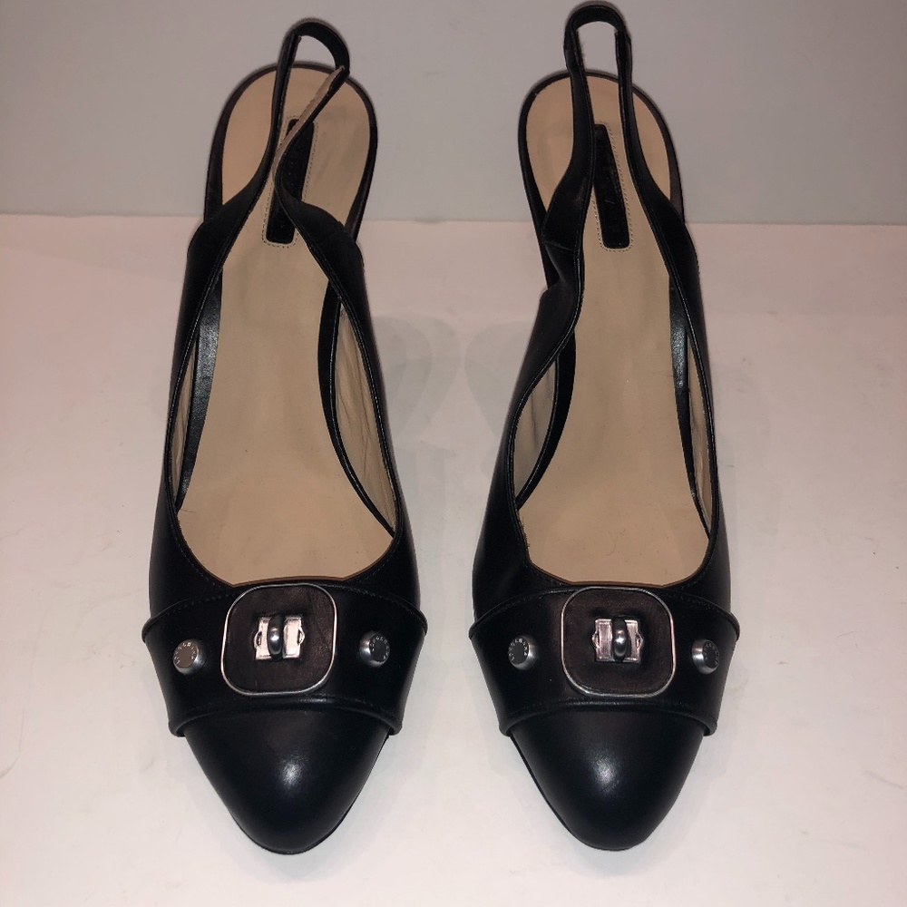 Longchamp Black Leather Roseau Turnlock Slingbacks